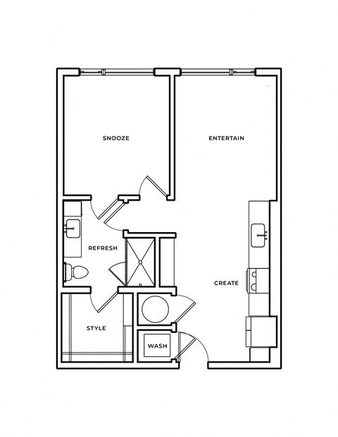 Floor plan for 1 bed, 1 bath, 673 sqft